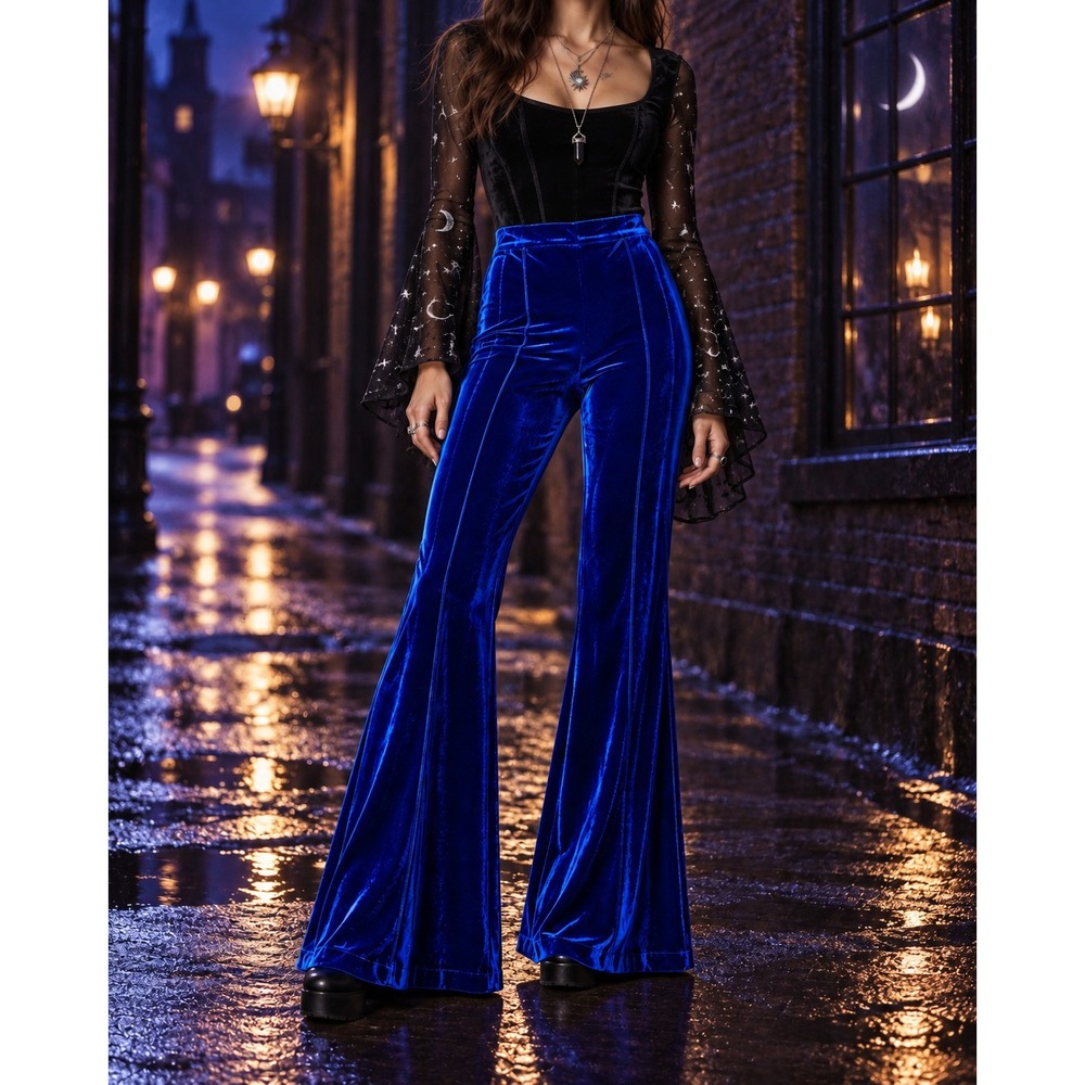 Flying Tomato Royal Blue Velvet Wide Leg Bell Bottom Pants Whimsigoth Celestial